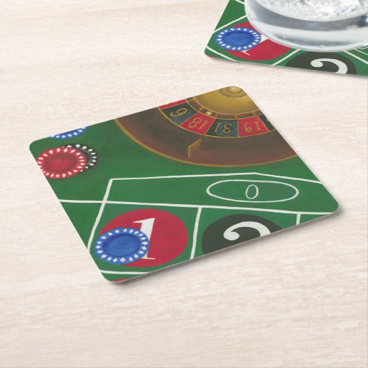 Roulette-tabel met chips en wiel kartonnen onderzetters (Schuin)
