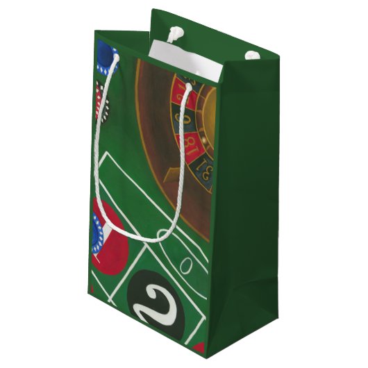 Roulette-tabel met chips en wiel klein cadeauzakje (Achterkant Gekanteld)