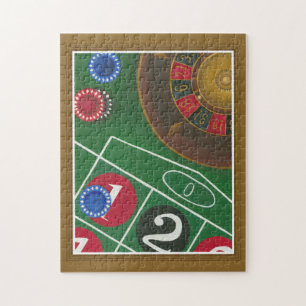 Roulette-tabel met chips en wiel legpuzzel