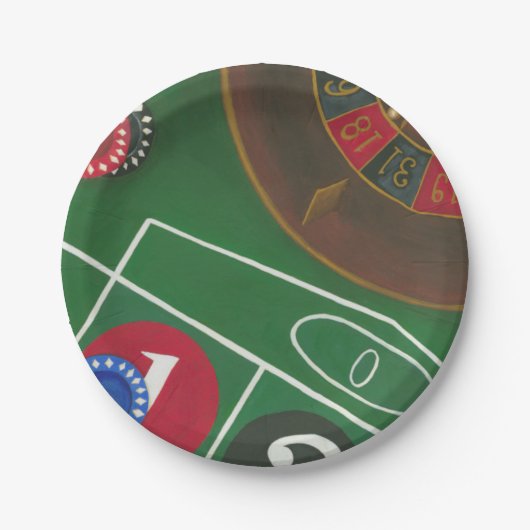 Roulette-tabel met chips en wiel papieren bordje (Voorkant)