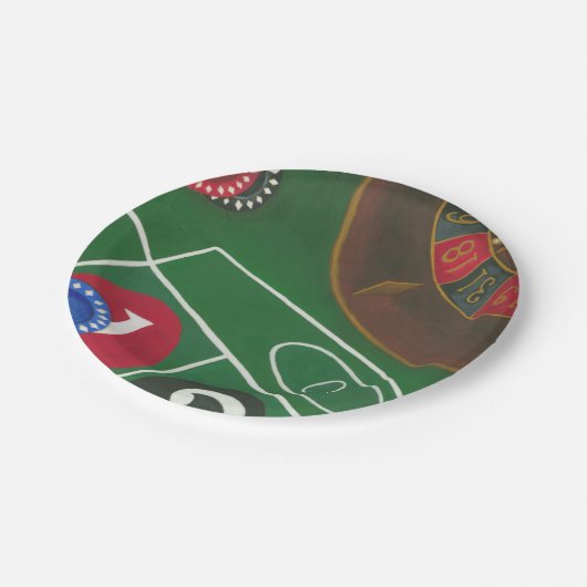 Roulette-tabel met chips en wiel papieren bordje (Gekanteld)