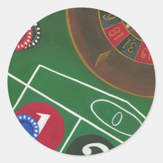 Roulette-tabel met chips en wiel ronde sticker (Voorkant)