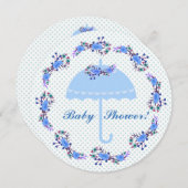 Round Baby Shower Invitation, Blue Umbrella Kaart (Voorkant / Achterkant)