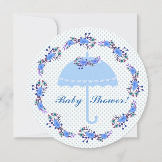 Round Baby Shower Invitation, Blue Umbrella Kaart (Voorkant)