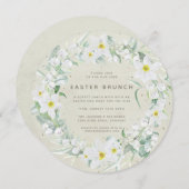 Round Beige + White Floral Wreate Easter Brunch Kaart (Voorkant / Achterkant)