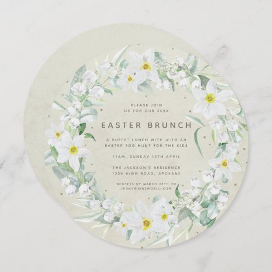Round Beige + White Floral Wreate Easter Brunch Kaart (Voorkant / Achterkant)
