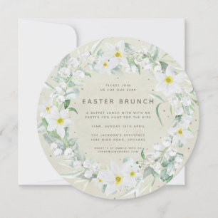 Round Beige + White Floral Wreate Easter Brunch Kaart