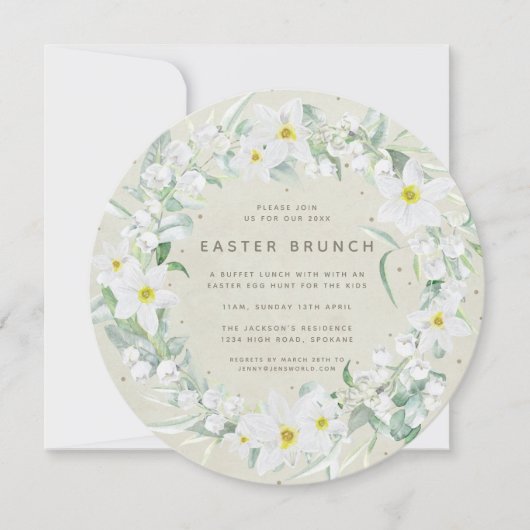 Round Beige + White Floral Wreate Easter Brunch Kaart (Voorkant)