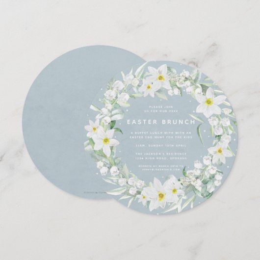 Round Blue en White Floral Wreate Easter Brunch Kaart (Voorkant / Achterkant)