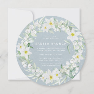 Round Blue en White Floral Wreate Easter Brunch Kaart