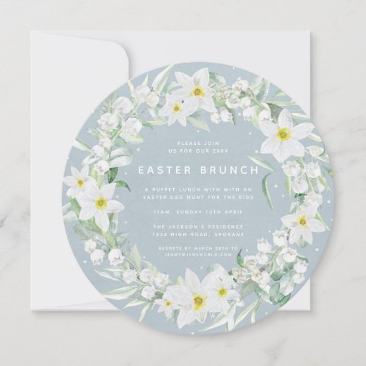 Round Blue en White Floral Wreate Easter Brunch Kaart (Voorkant)