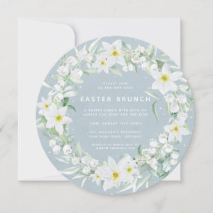 Round Blue en White Floral Wreate Easter Brunch Kaart