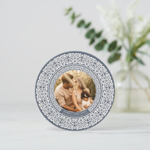Round Blue + Off White Celtic Holiday Photo Card Feestdagenkaart
