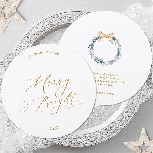 Round Christmas Card with Gold Script and Wreath Kaart