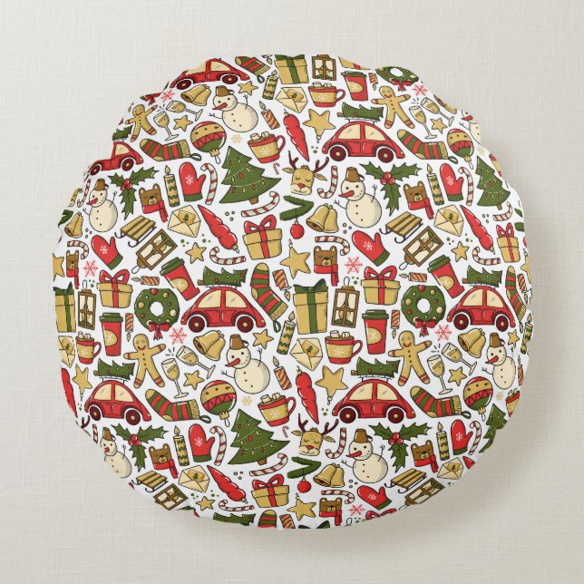 Round Christmas Doodle Pillow Rond Kussen (Voorkant)