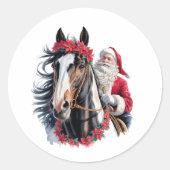 Round Christmas Sticker Santa on paint horse (Voorkant)