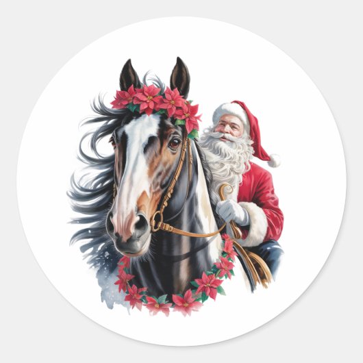 Round Christmas Sticker Santa on paint horse (Voorkant)