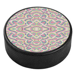 Round coaster with vibrant, symmetrical mandala  hockey puck