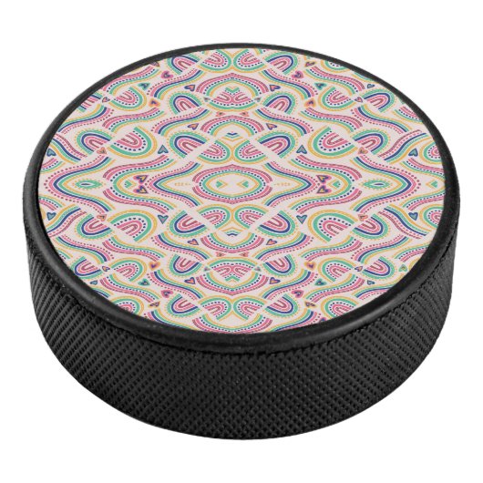 Round coaster with vibrant, symmetrical mandala hockey puck (3/4)