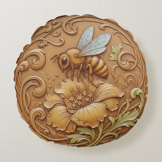 Round Cushion wood carving effect - bee Rond Kussen (Voorkant)
