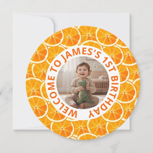 Round Custom Photo & Citrus Birthday Invitation Feestdagenkaart (Voorkant)