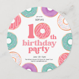 Round Donut Party Girl 10th Birthday Invitation Kaart