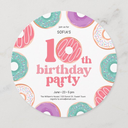 Round Donut Party Girl 10th Birthday Invitation Kaart (Voorkant)
