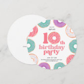 Round Donut Party Girl 10th Birthday Invitation Kaart (Voorkant / Achterkant)