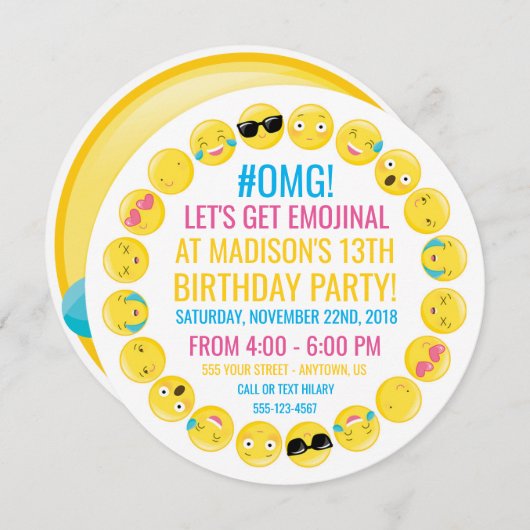 Round Emoji Birthday Party Invitation Kaart (Voorkant / Achterkant)