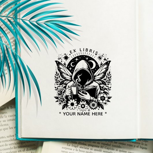 Round Floral Fantasy vlinder ex libris stempel