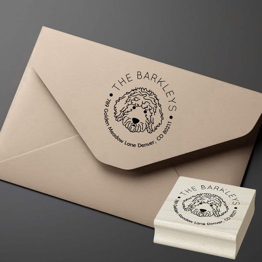 Round Goldendoodle Dog Family Name Return Address Rubberstempel