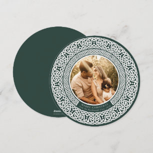 Round Green + Off White Celtic Holiday Photo Card Feestdagenkaart