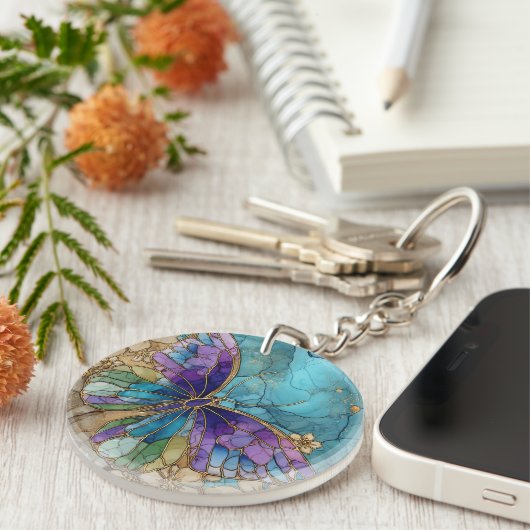 Round Keychain with a Watercolor Butterfly (Voorkant Rechts)
