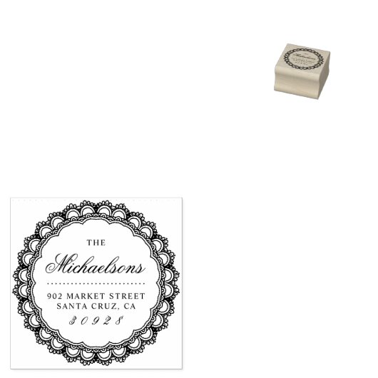 Round Lace Border Achternaam Script Retouradres Rubberstempel (Gestempeld)