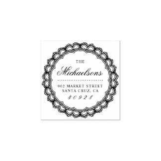 Round Lace Border Achternaam Script Retouradres Rubberstempel