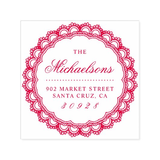 Round Lace Border Achternaam Script Retouradres Zelfinktende Stempel (Design)