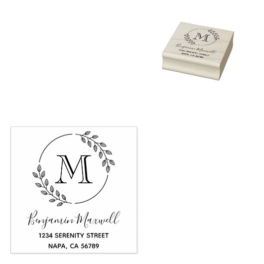Round Leaves Wreath Monogram Address Rubberstempel (Gestempeld)