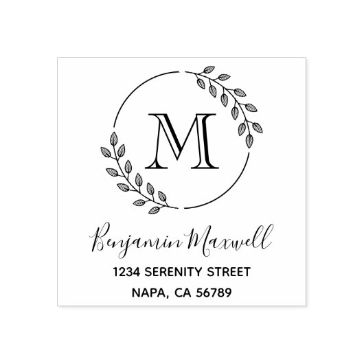 Round Leaves Wreath Monogram Address Rubberstempel (Afrduk)
