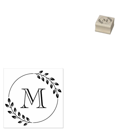 Round Leaves Wreath Monogram Initial 1x1 Rubberstempel (Gestempeld)