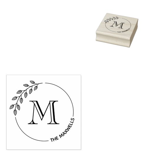 Round Leaves Wreath Monogram Initial Family Name Rubberstempel (Gestempeld)