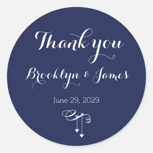 Round Navy Blue Wedding Stickers With White Hearts (Voorkant)