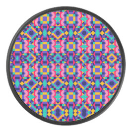 Round object with a vibrant geometric pattern hockey puck
