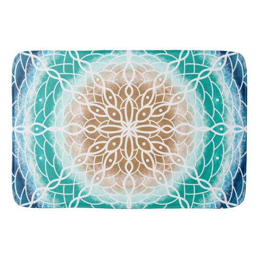 Round Ocean Waves Blauwgroen en Turquoise Mandala Badmat (Voorkant)