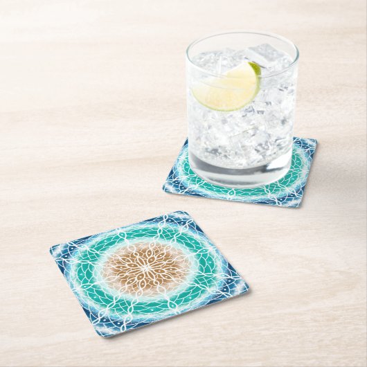 Round Ocean Waves Blauwgroen en Turquoise Mandala Kartonnen Onderzetters (Insitu)