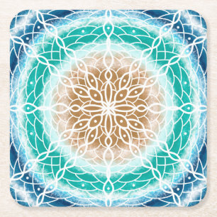 Round Ocean Waves Blauwgroen en Turquoise Mandala Kartonnen Onderzetters