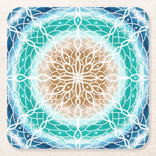 Round Ocean Waves Blauwgroen en Turquoise Mandala Kartonnen Onderzetters (Voorkant)