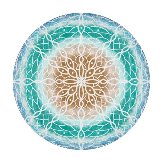 Round Ocean Waves Blauwgroen en Turquoise Mandala Snijplank (Voorkant)