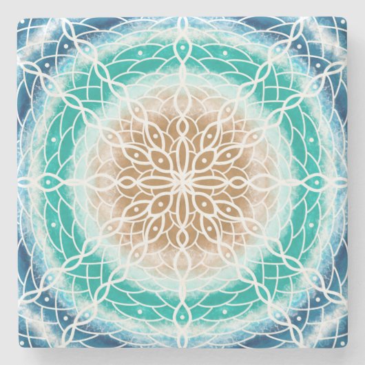 Round Ocean Waves Blauwgroen en Turquoise Mandala Stenen Onderzetter (Voorkant)