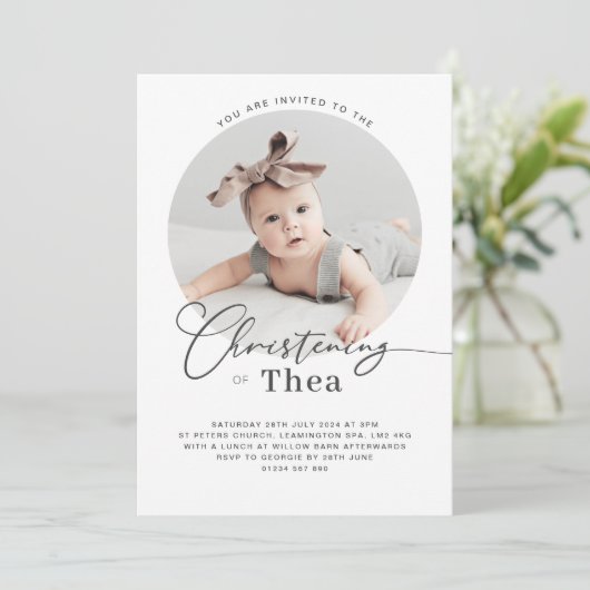 Round Photo Christening Uitnodiging (Staand voorkant)
