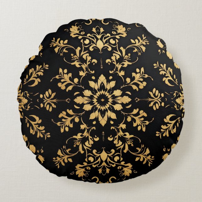 Round Pillow black yellow pattern  Rond Kussen (Voorkant)